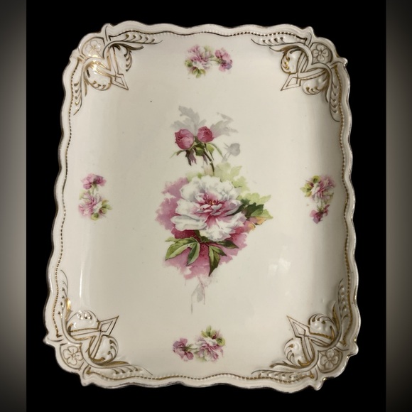 Vintage Victorian Porcelain Vanity Tray Pink & White Floral & Gold Trimmed Edge - Picture 1 of 8
